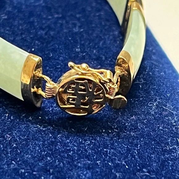 10K Yellow Gold Natural Green Jade Panel Link Bracelet 7” 11.5g Estate 16mm - Picture 7 of 12